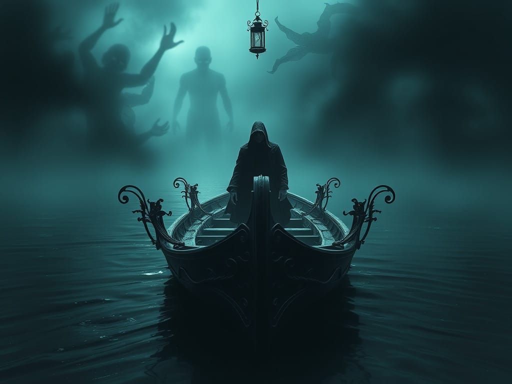 Ethereal River Scene with Intricate Boat and Mysterious Cloa...