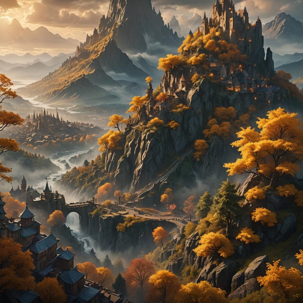 Epic Mountain City in Golden Light: Matte Painting