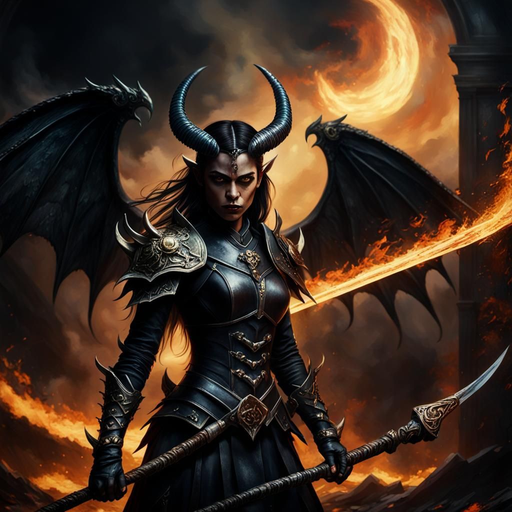 Dark Female Demon with Scythe in Gothic Oil Painting