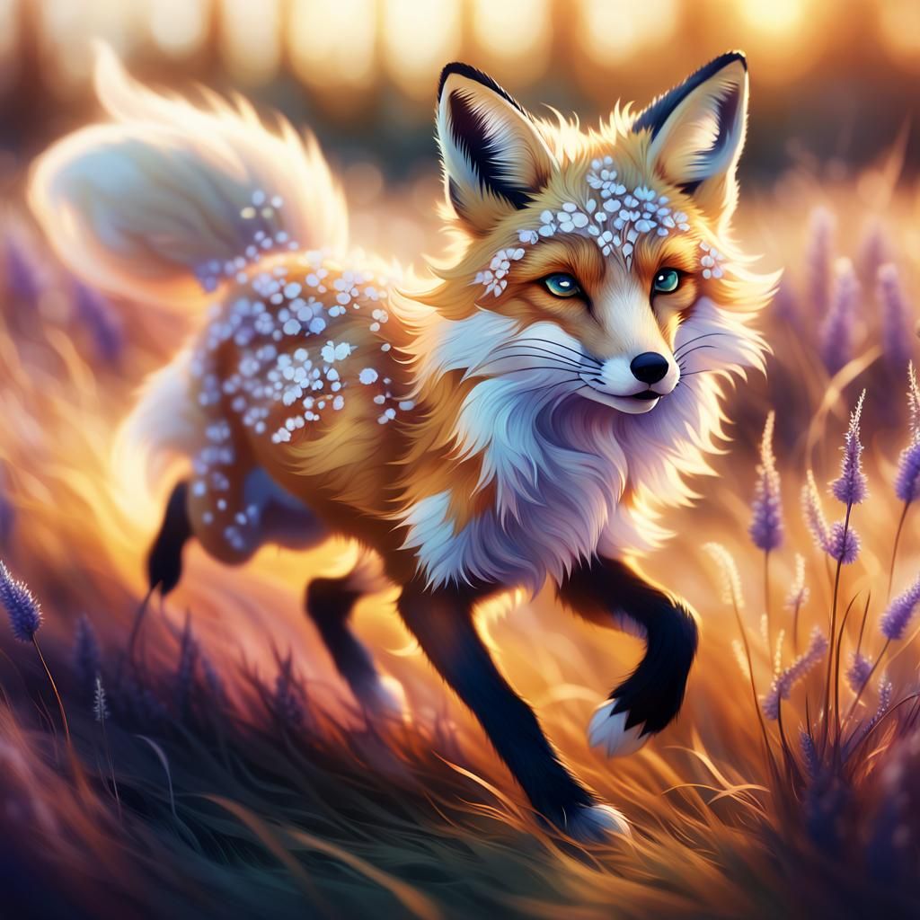 Ethereal Fox Runs Through Golden Grasslands