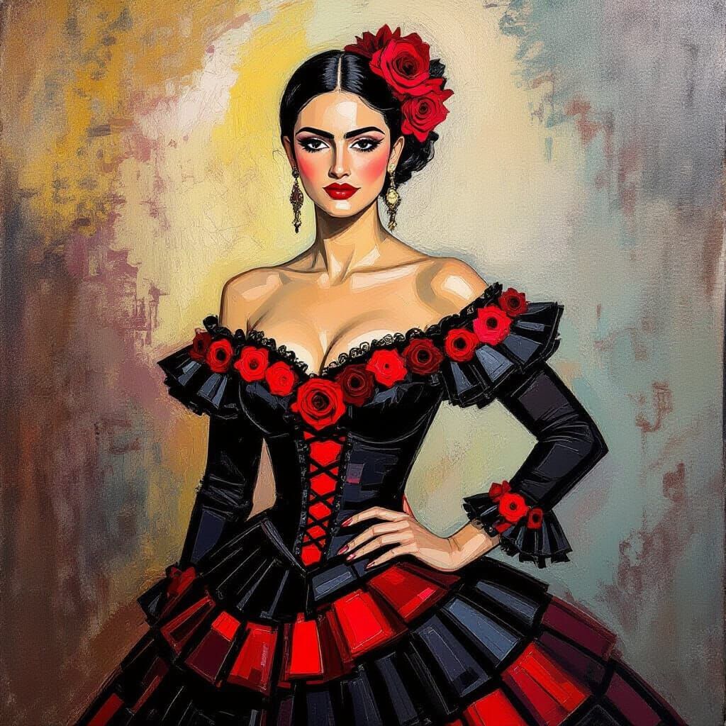 Flamenco Dancer in Red and Black, Expressionist Impasto Pain...