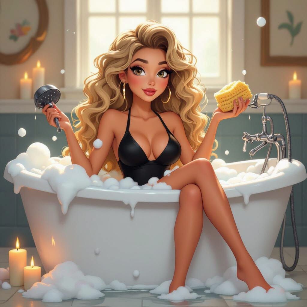 Colombian Woman Bathtub Scene Cartoon Style