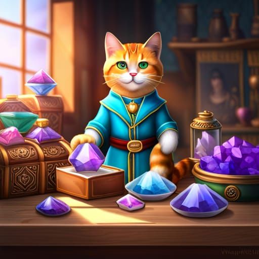 Mystic Cat Selling Crystals: Fantasy Concept Art