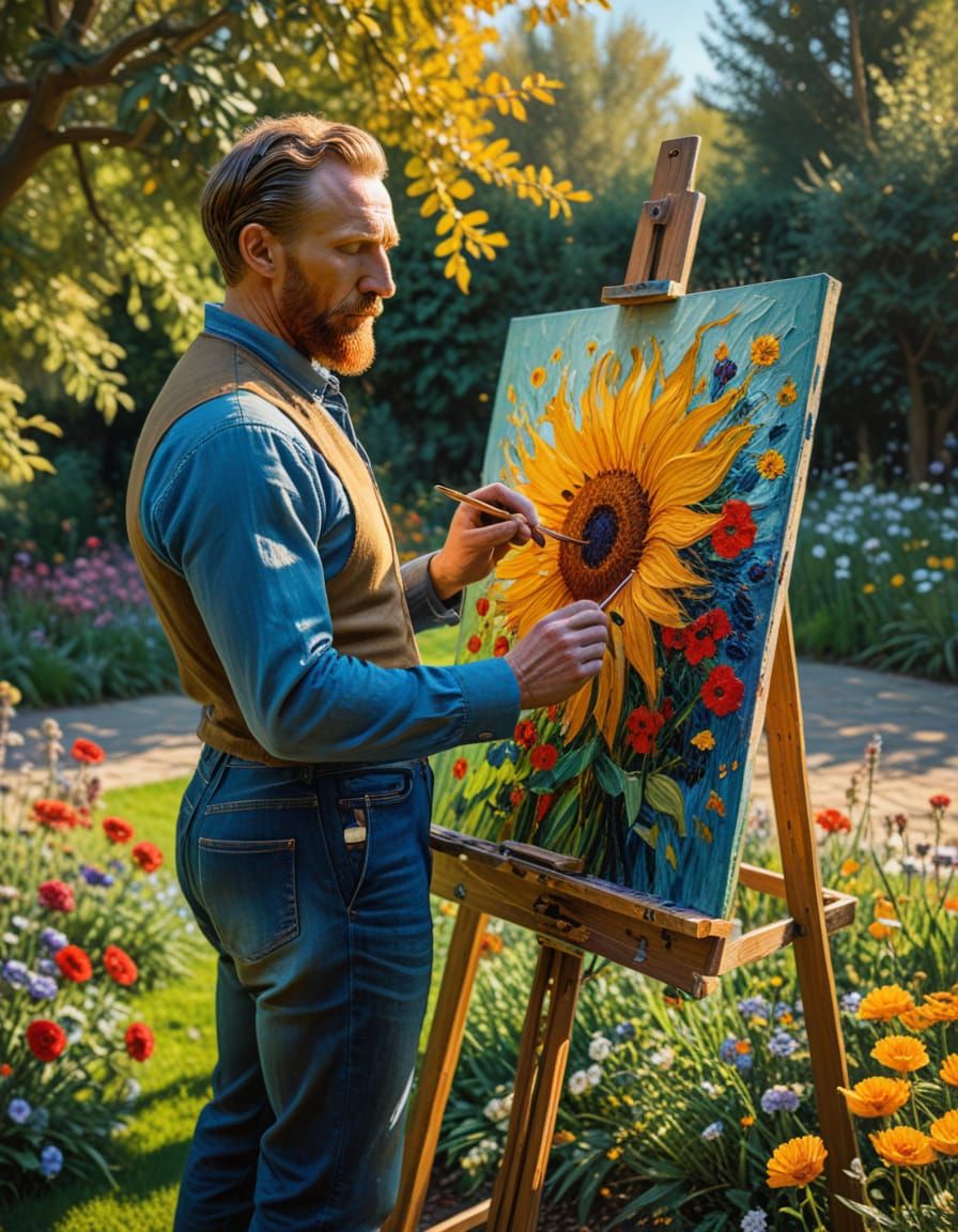 Vincent Van Gogh at Easel in Vibrant Garden Landscape