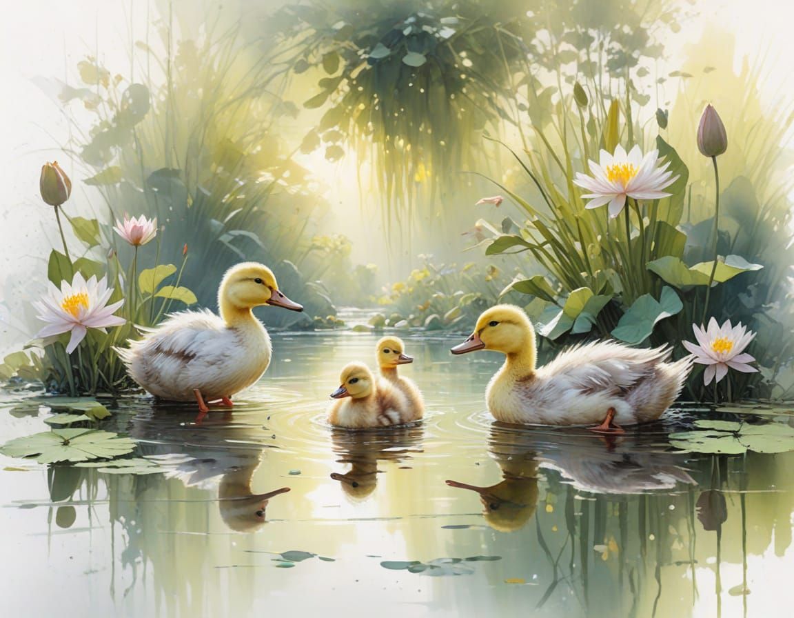 Fluffy Ducklings Paddle in Sunlight, Serene Spring Morning