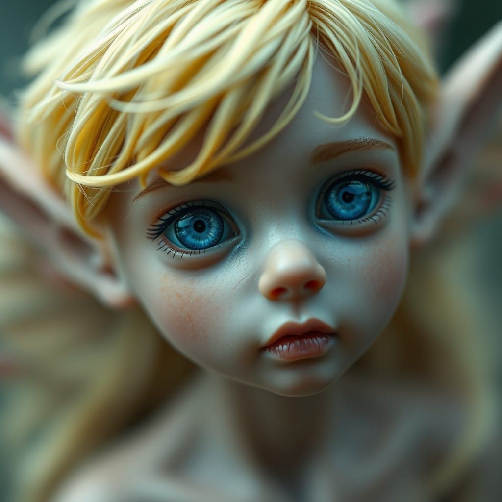 Photorealistic Miniature Elf Fairy Portrait with Blue Eyes