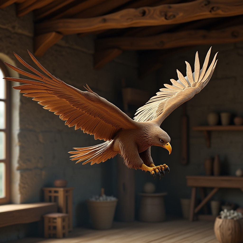 Wooden Eagle Sculpture in Fantasy Workshop, Detailed Art