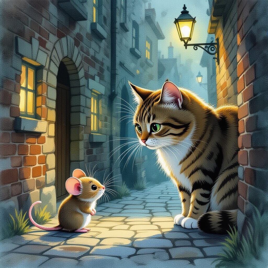 Timid Mouse Faces Giant Cat in Dreamlike Watercolor Scene