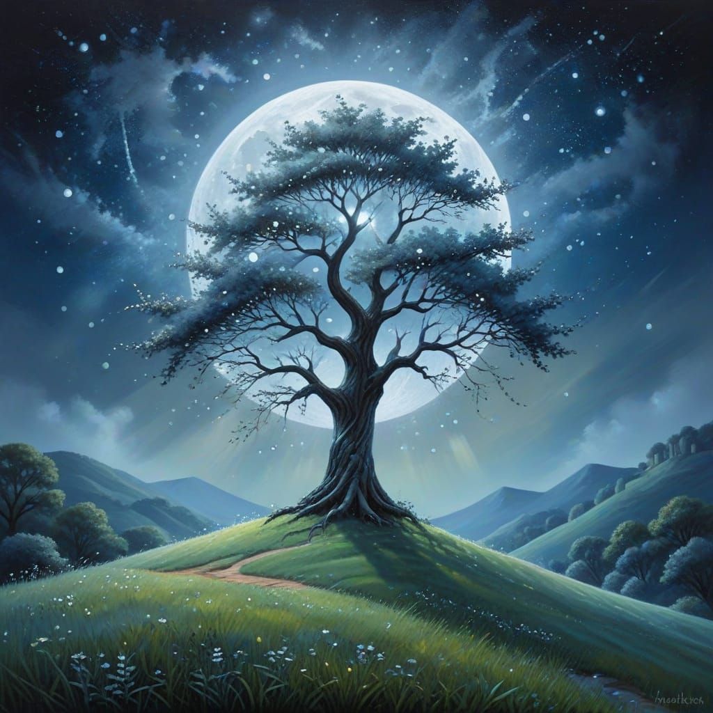 Whimsical Tree Under Sparkling Moonlight