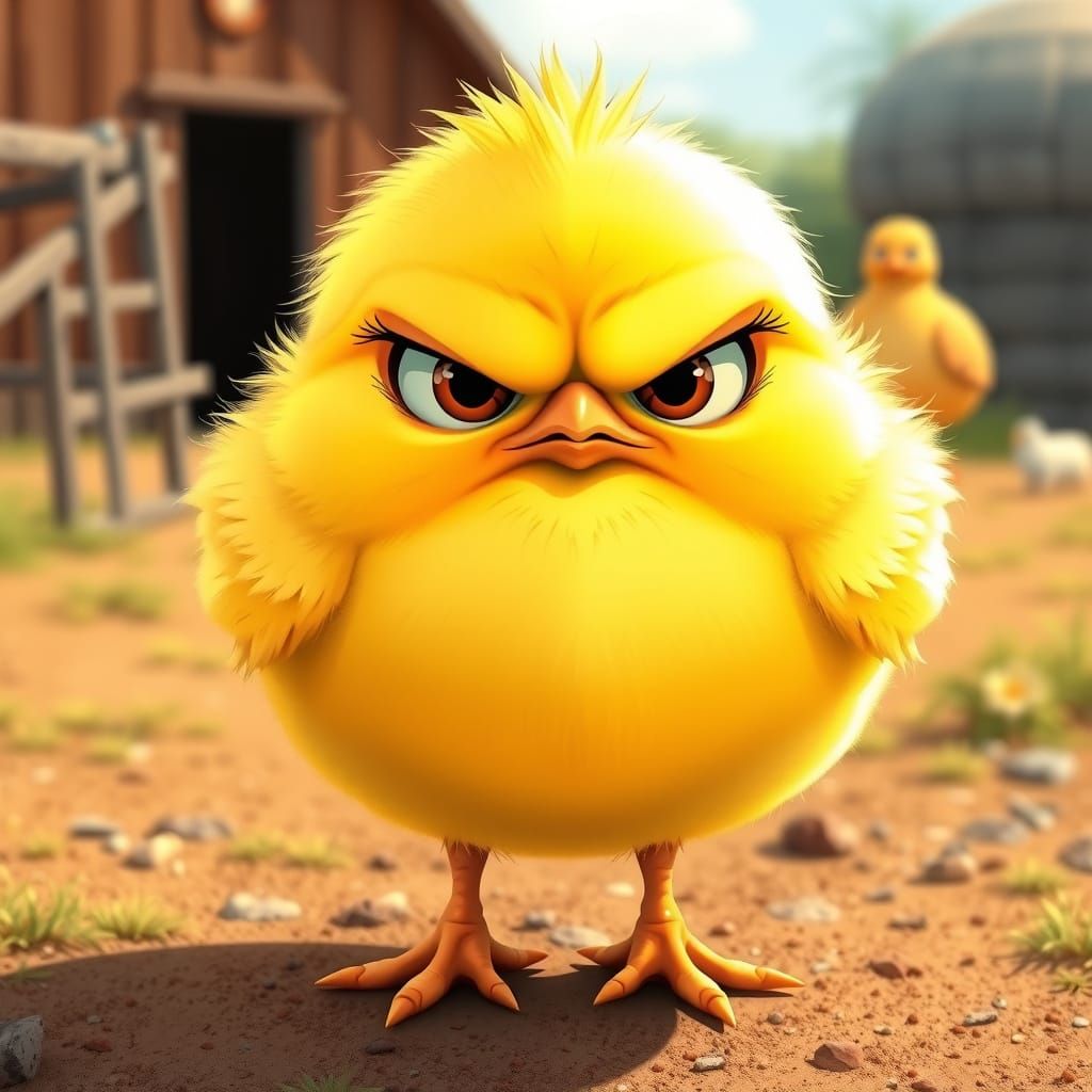 Grumpy Chick Cartoon Illustration on Sunny Farm