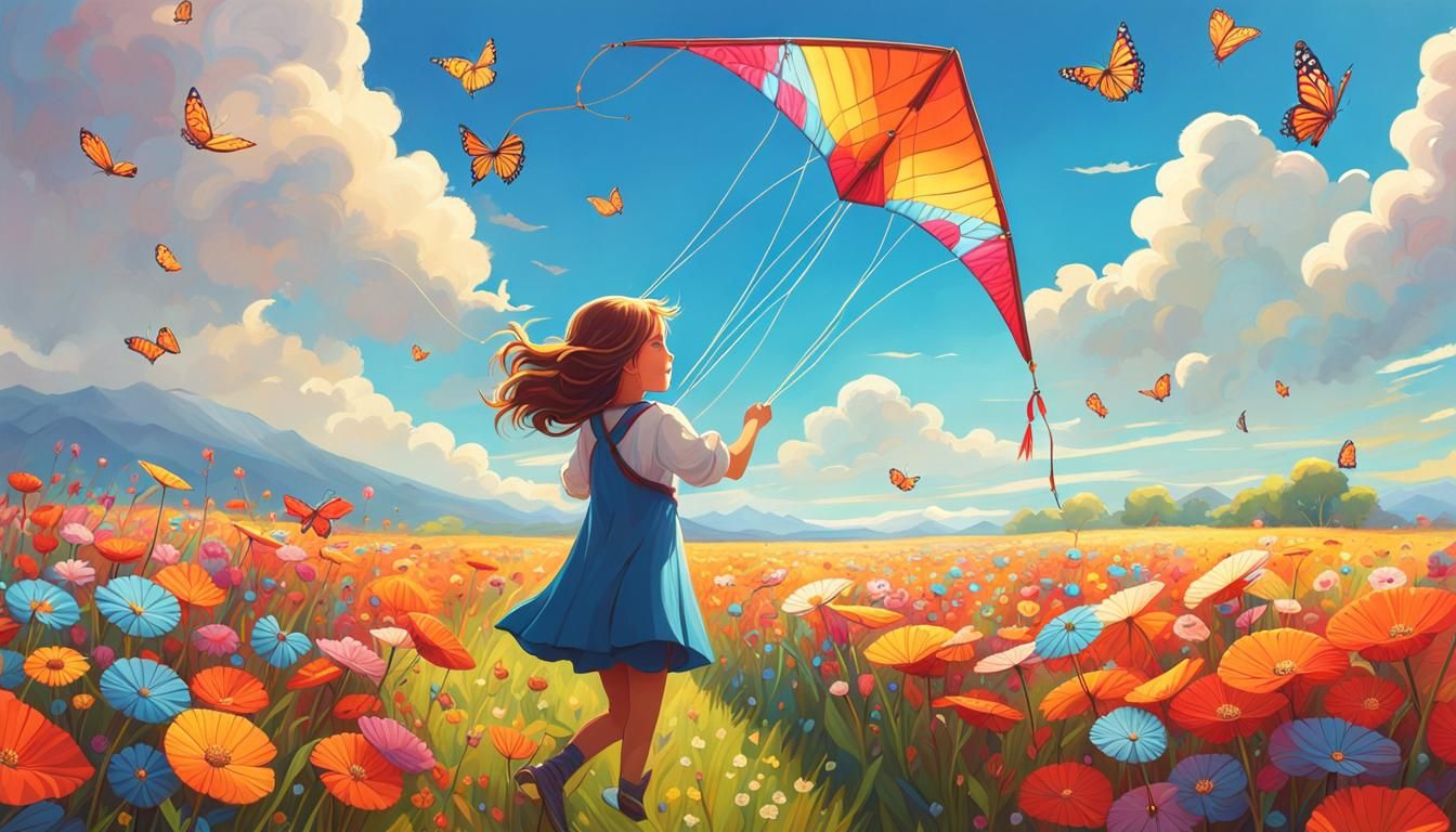 Butterfly Kite Soaring in Flower Field, Digital Art