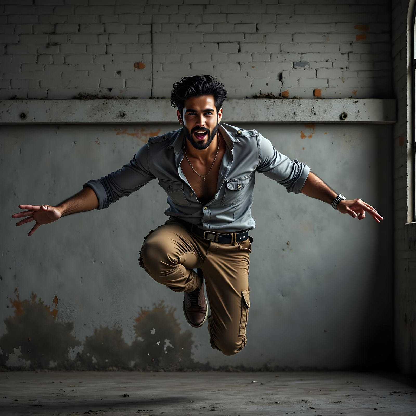 Man Leaping Forward with Fierce Expression