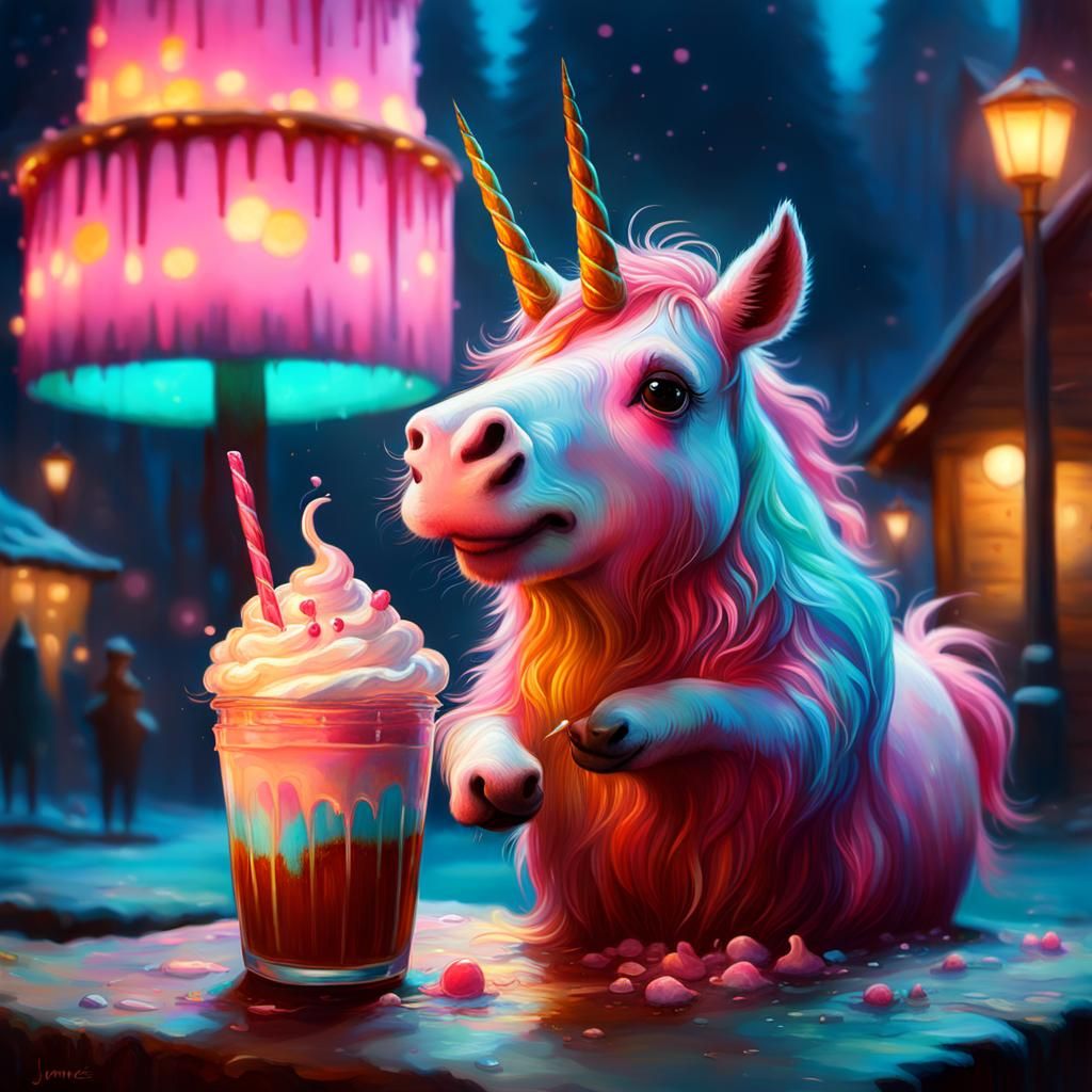 Pink Unicorns Enjoying Milkshakes: Oil Painting