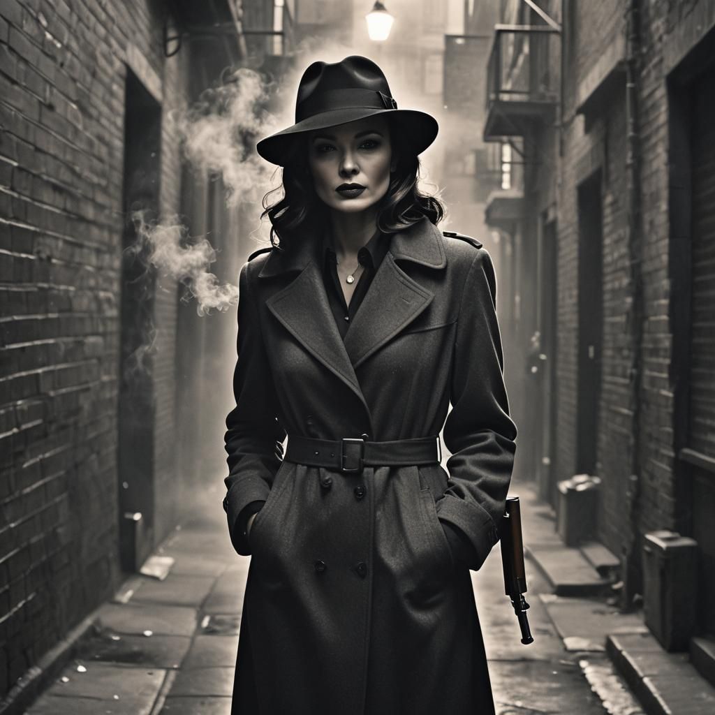 Film Noir Woman with Tommy Gun in Smoky Alley