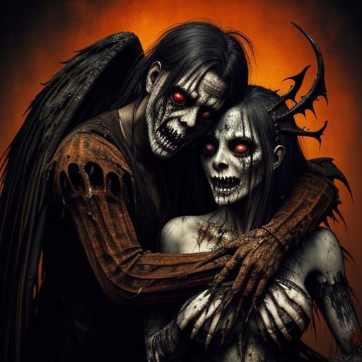 Grotesque Zombie Pumpkin Hugs Dark Angel in Surreal Horror A...