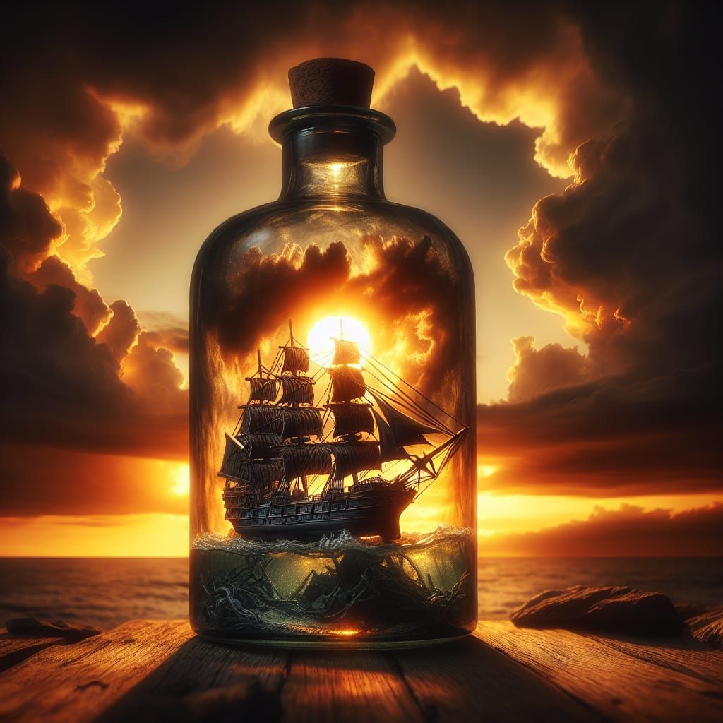 Model Ship in Bottle with Golden Sunset