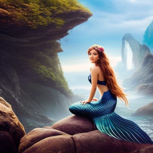 Adorable Mermaid on a Rock in 3D Style