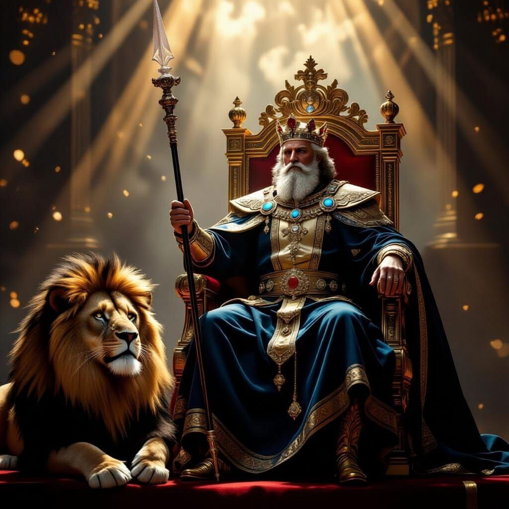 Majestic King Seated with Lion Companion and Spear-like Scep...