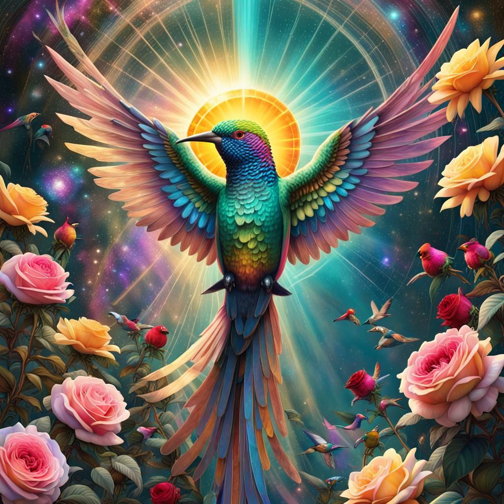 Galactic Goddess with Iridescent Flora in Spacecore Style
