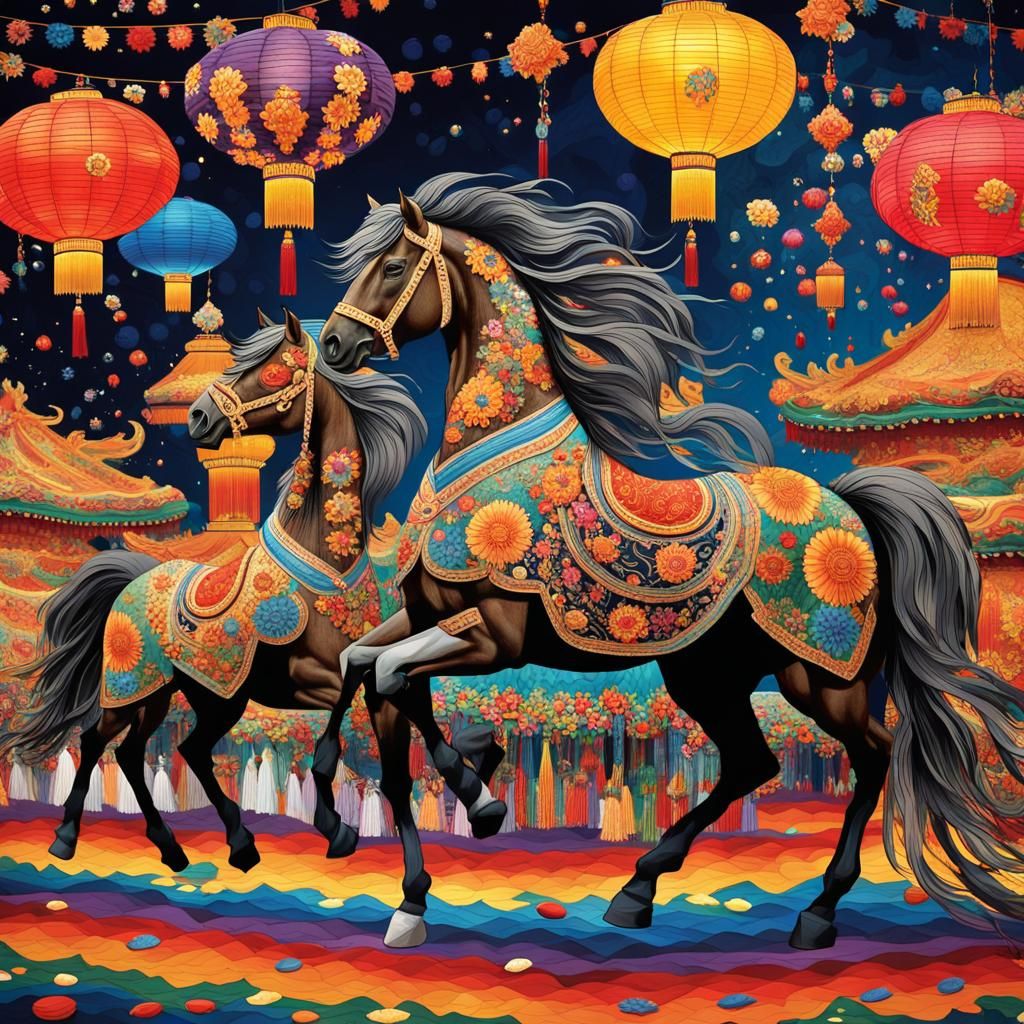 Iberian Horses at Vibrant Festival in Klimt Style