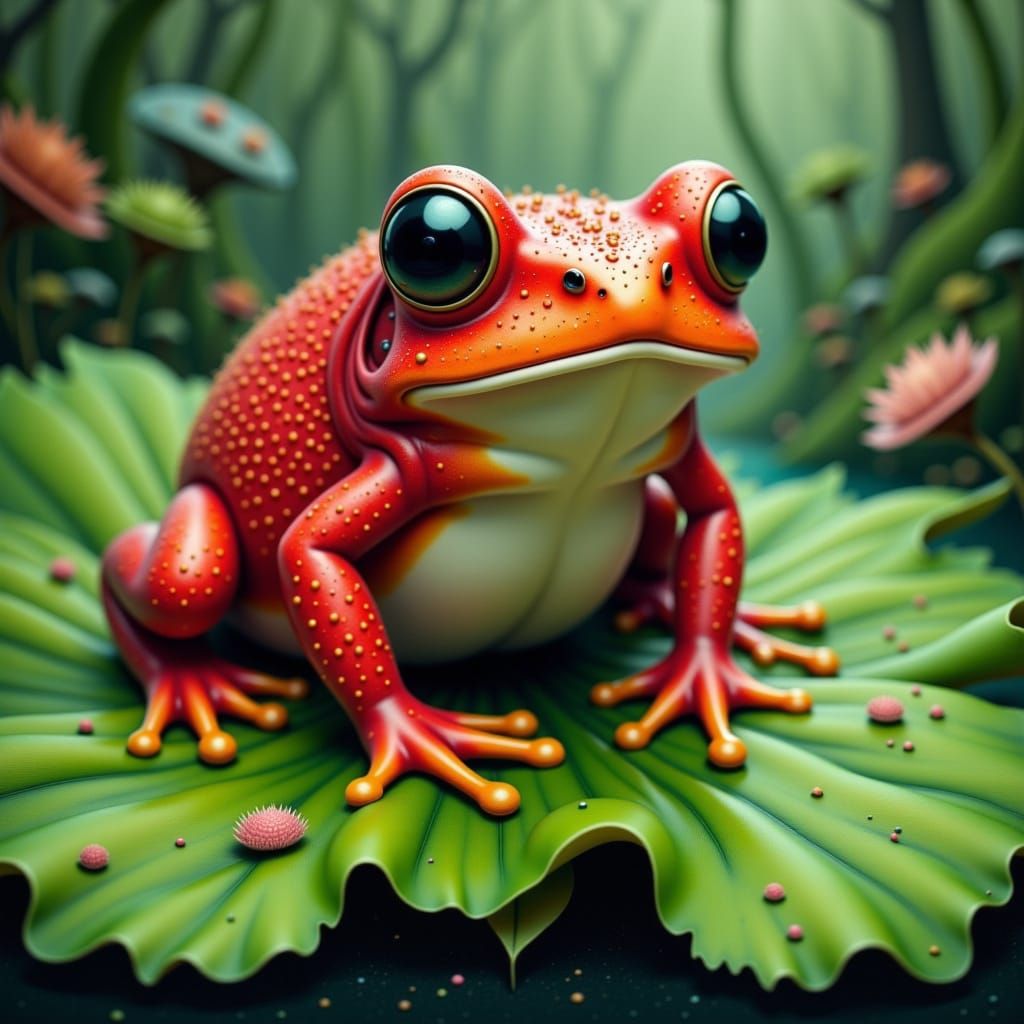 Strawberry Frog Sits on Lily Pad in Whimsical Style