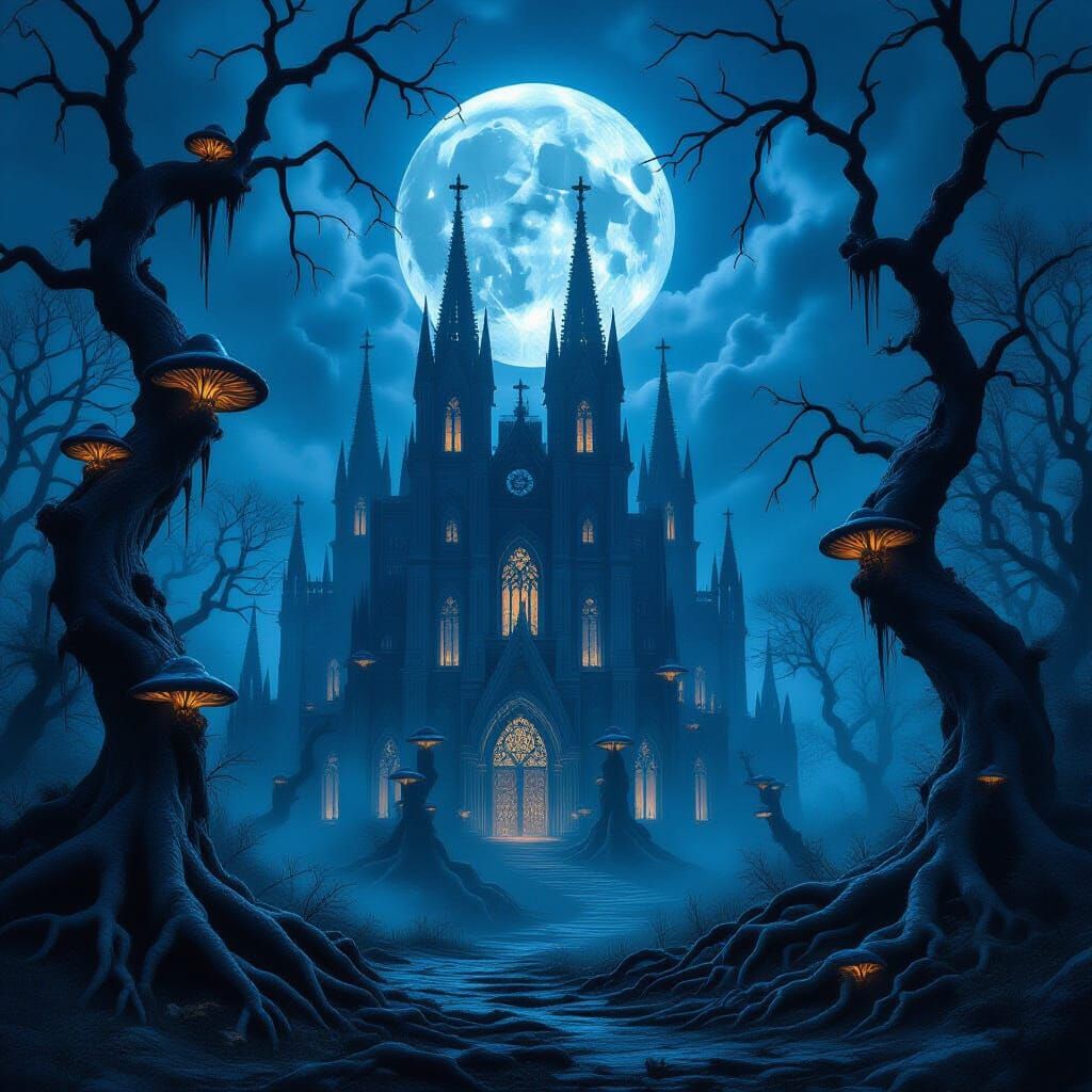 Eerie Gothic Cathedral in a Surreal Forest
