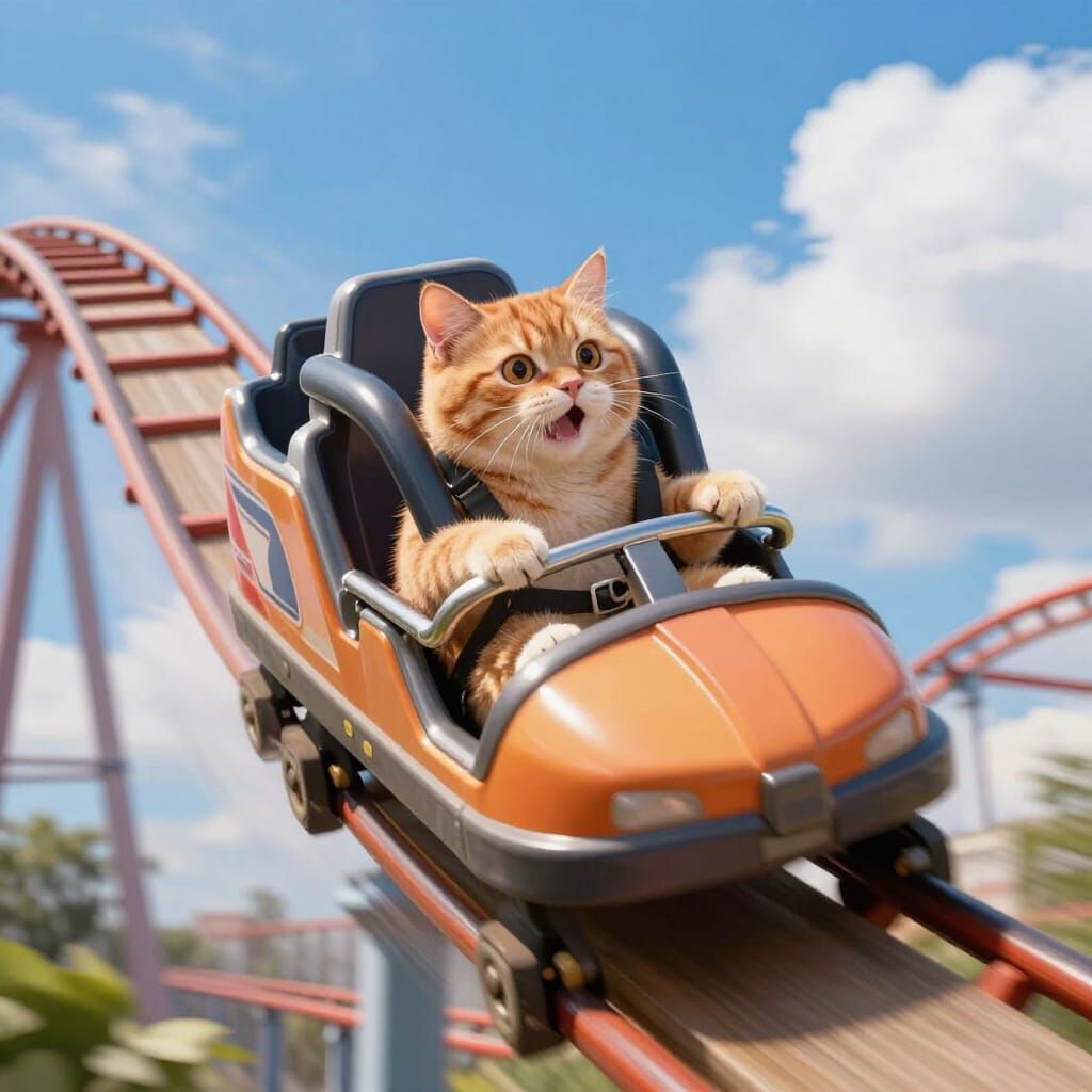 Fluffy Cat on Roller Coaster Ride