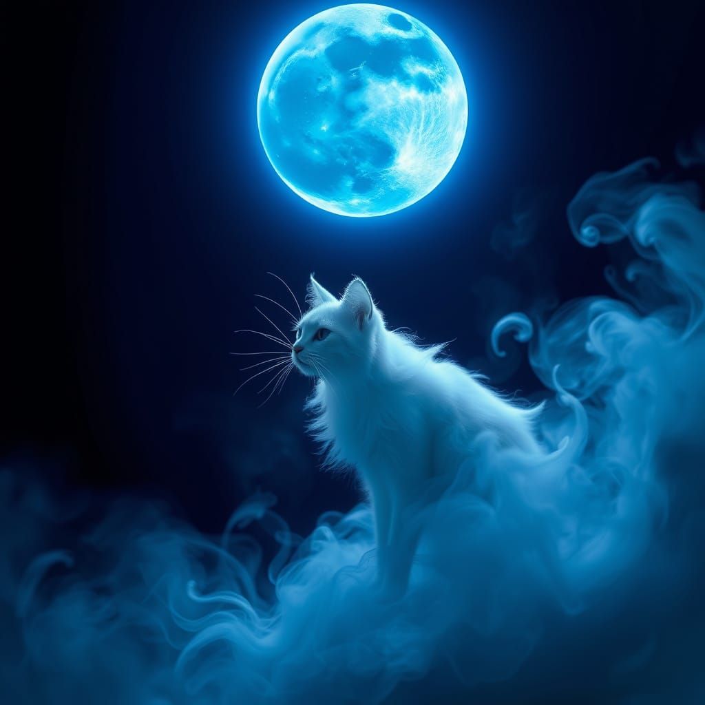 Ethereal Cat Illuminated by Cobalt Blue Moon