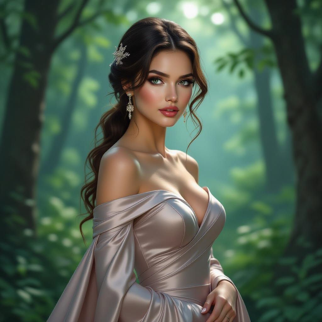 Mysterious Fantasy Woman in Satin Gown, Forest Setting