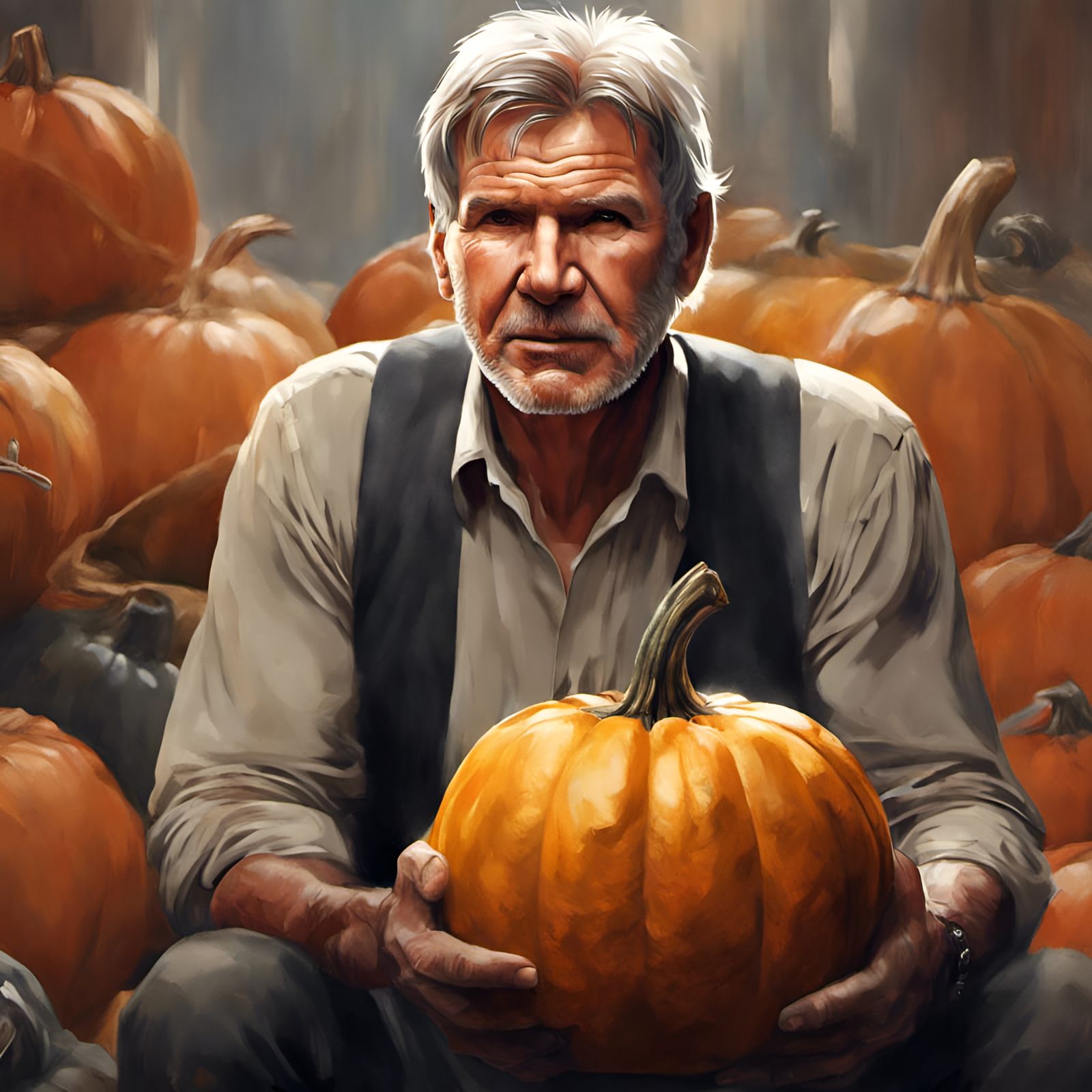 Harrison Ford Portrait with Pumpkin, Digital Illustration