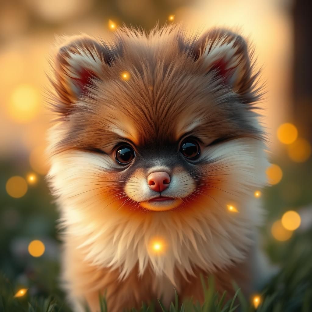 Adorable Pomsky Puppy with Fireflies, Whimsical Digital Art