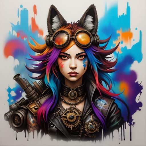 Steampunk Fox Girl in Graffiti Splash Art Style