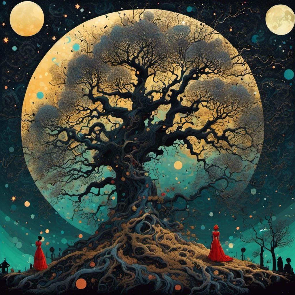 Macabre Gothic Collage Art of Twisted Starry Trees