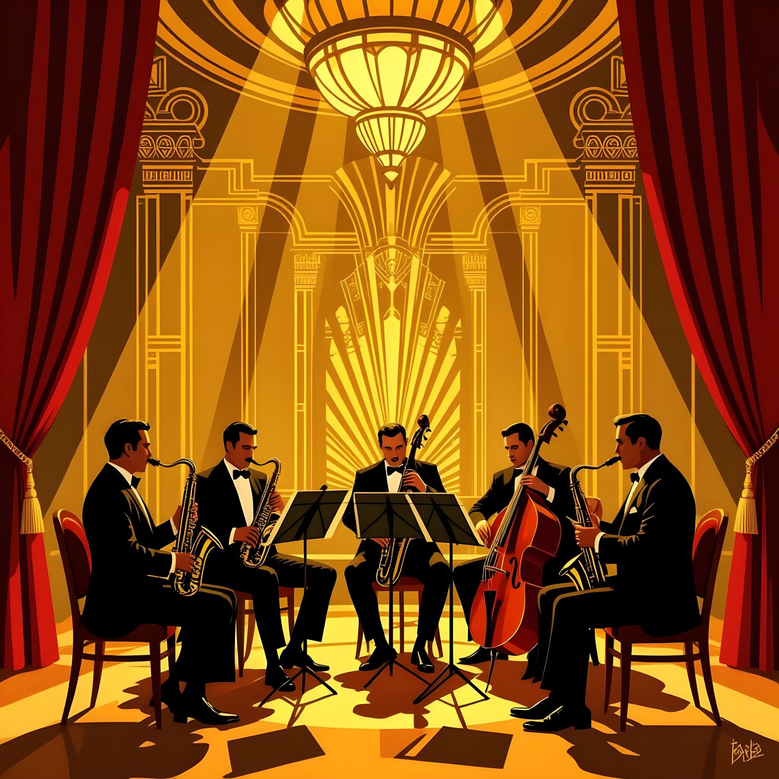 Jazz Musicians in Art Deco Theater Lobby