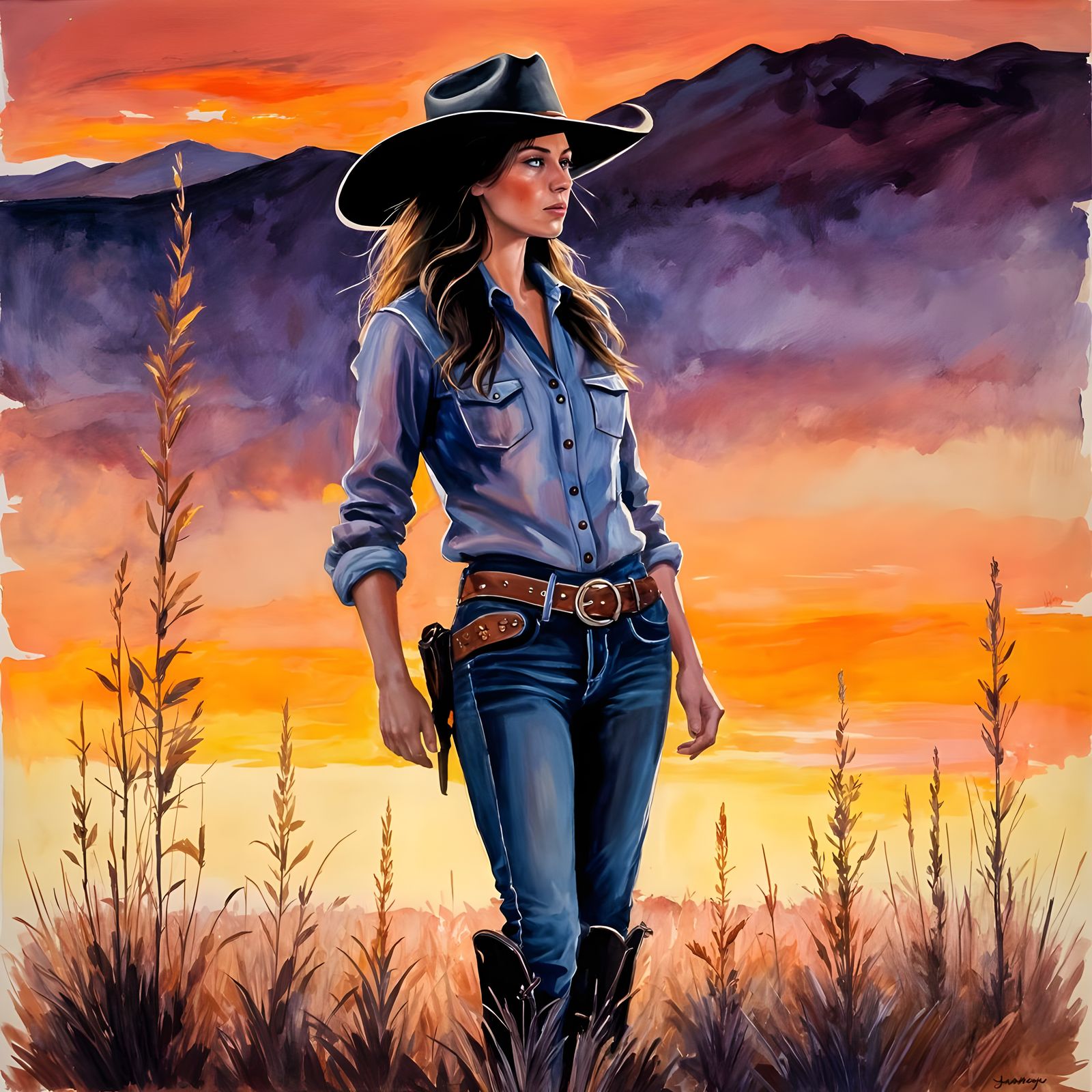 Cowgirl Silhouette Amidst a Vibrant Sunset Landscape