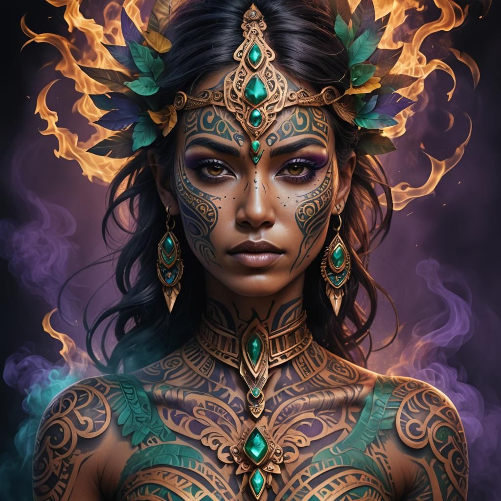 Vibrant 3D Tribal Tattoo Art on Woman's Torso