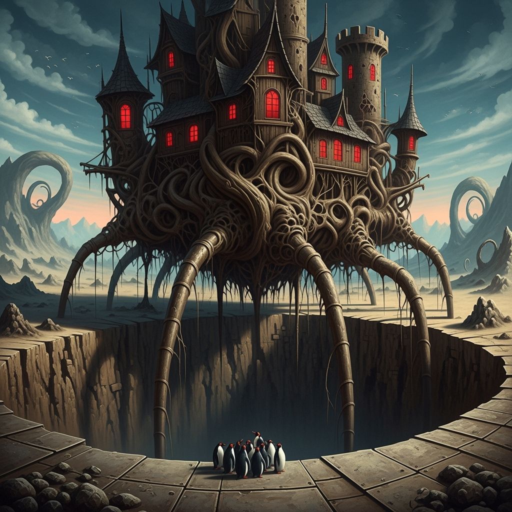 Beksiński-Inspired Castle with Penguins in Cavernous Pit
