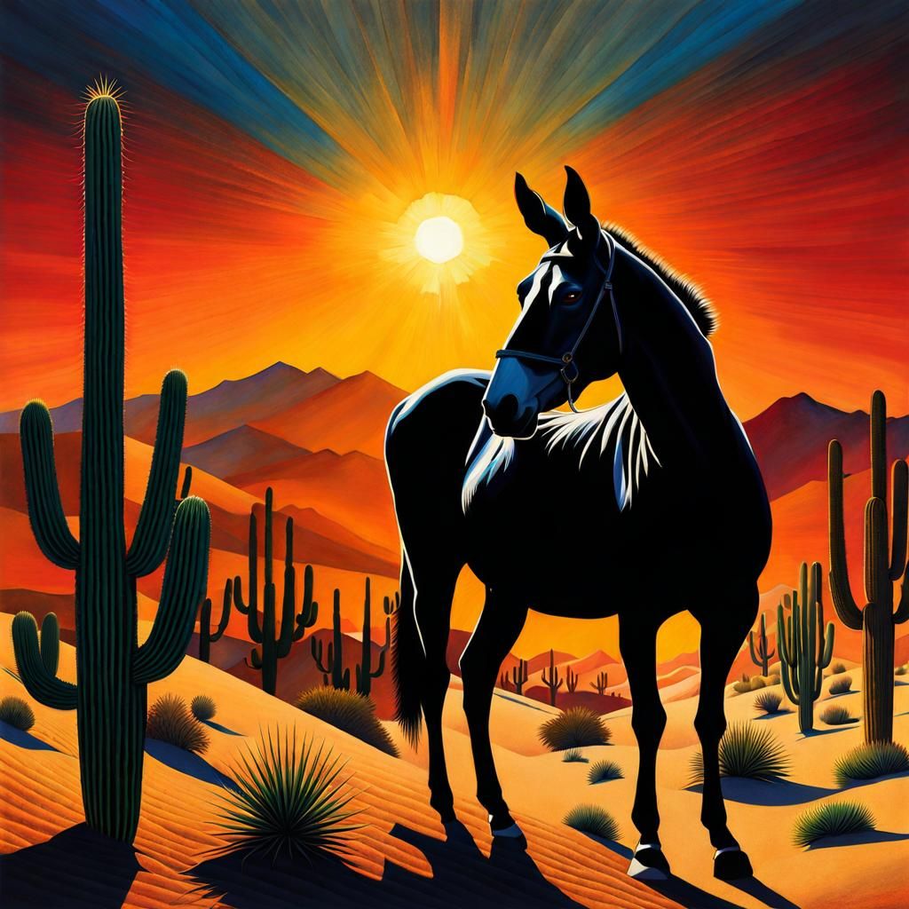Majestic Mule in Desert Sunset, Impasto Illustration