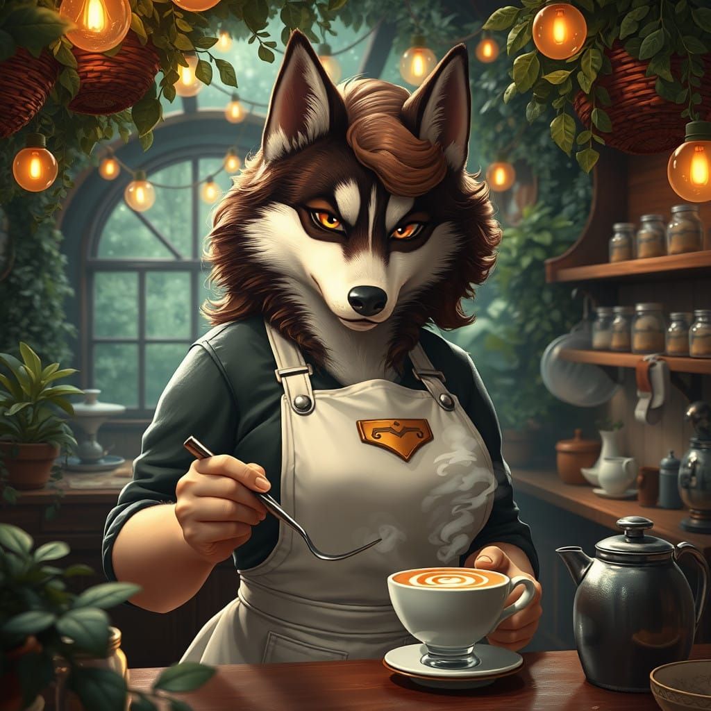 Enchanted Coffee Oasis with Husky Barista