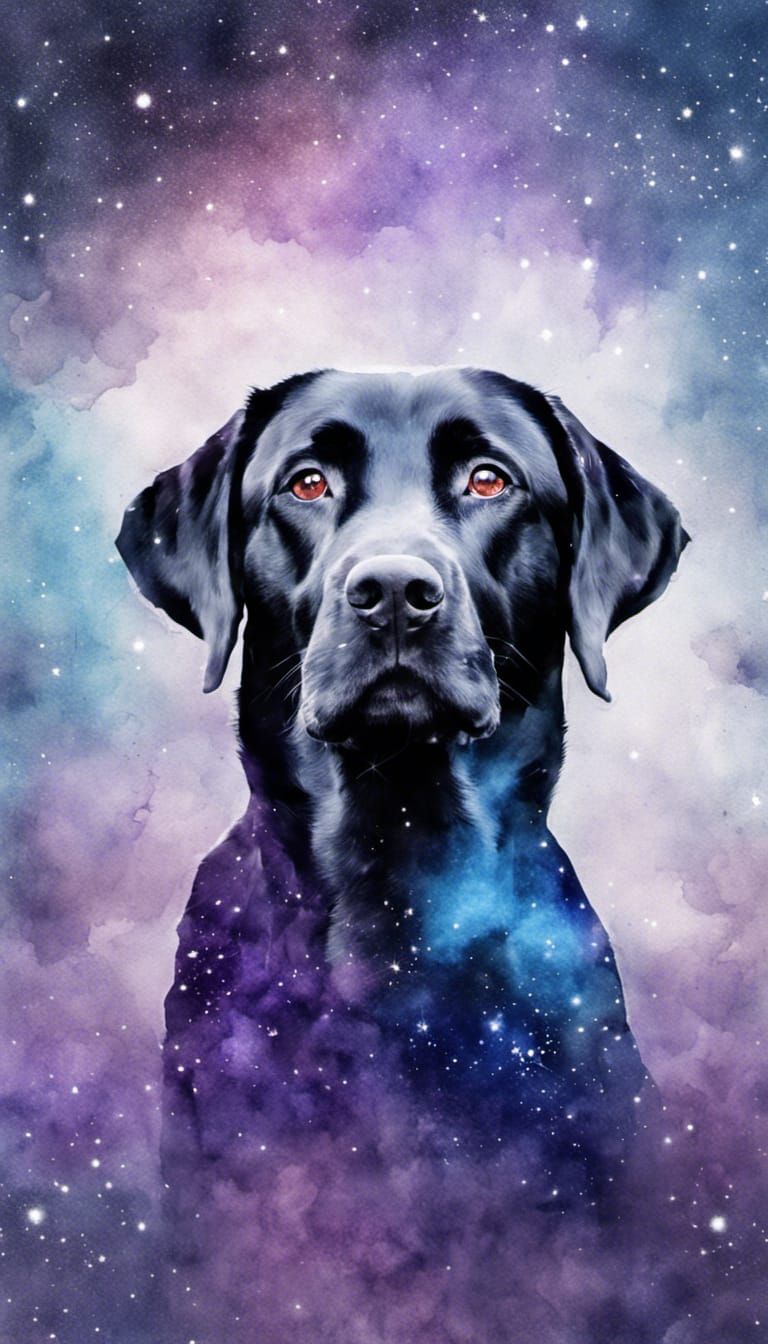 Labrador Dog in Space Watercolor Double Exposure