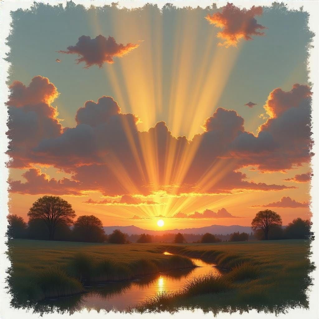 Crepuscular Rays Illuminate Serene Landscape in Impressionis...