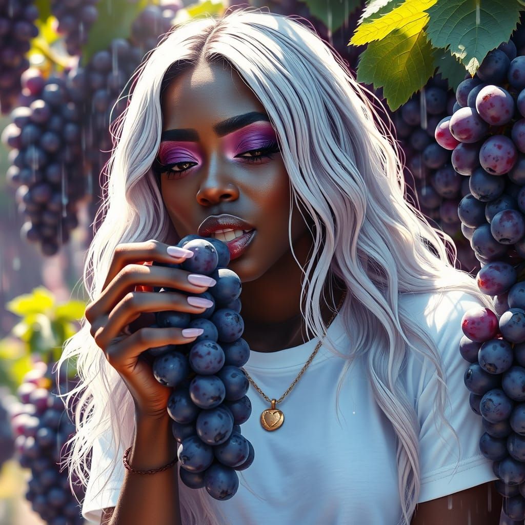 Eating grapes while in a vineyard during a spring rain
