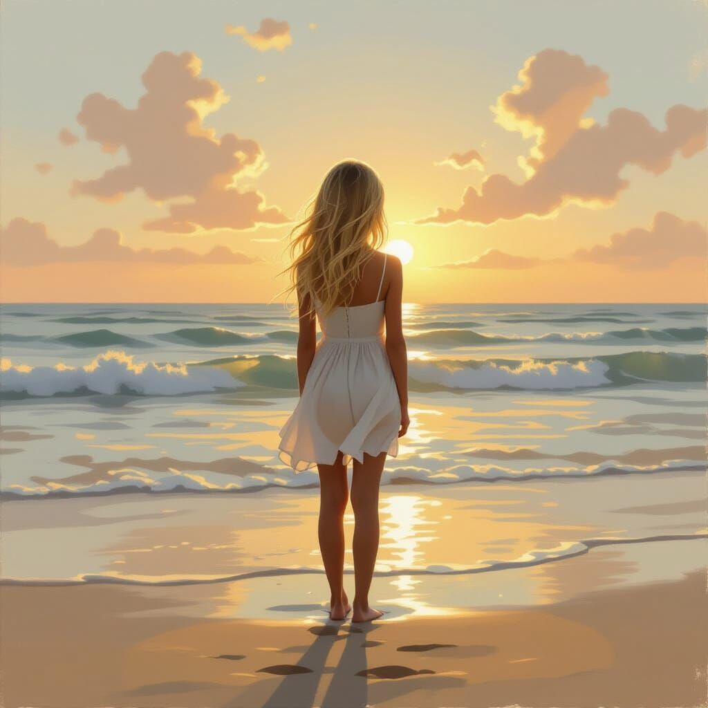 Blonde Girl Contemplates Ocean Horizon at Golden Hour