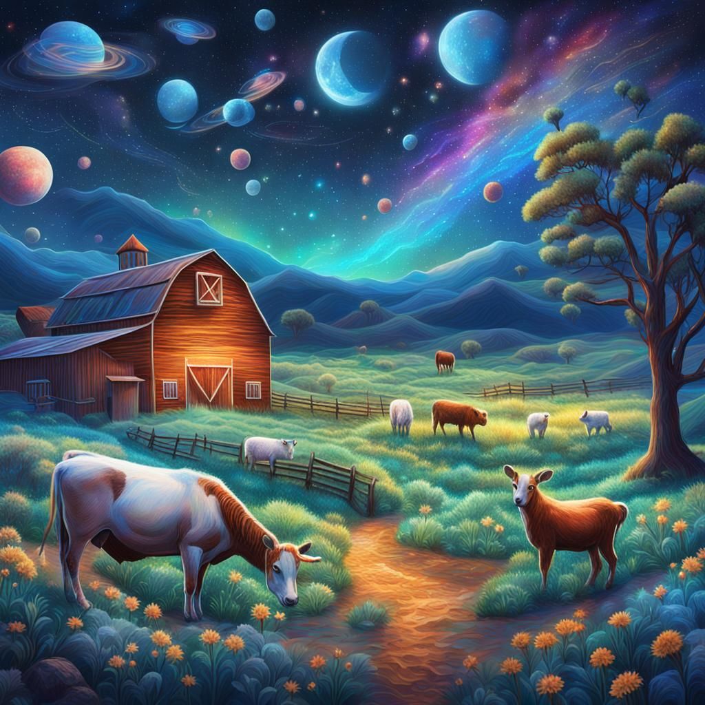 Peaceful Farm Under Astral Night Sky