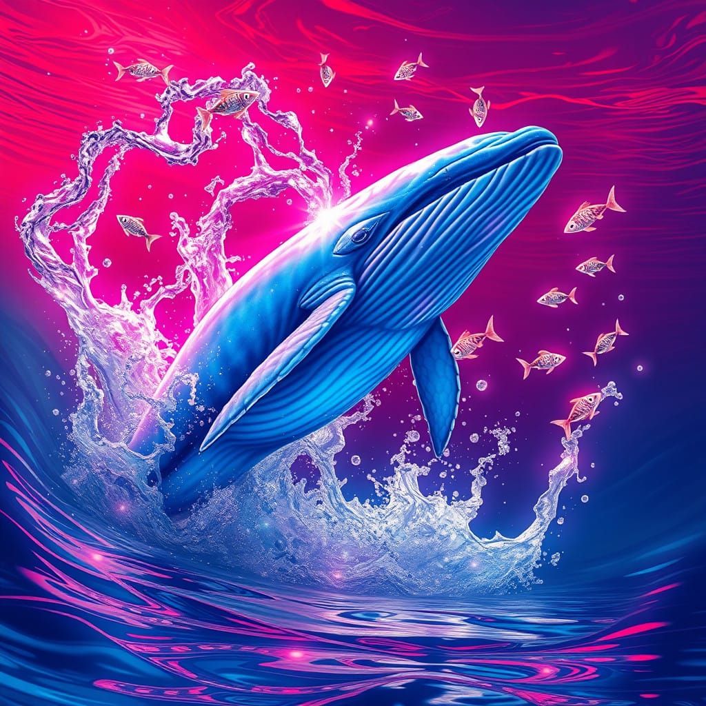 Ethereal Blue Whale Leaps in Vibrant, Surreal Splash