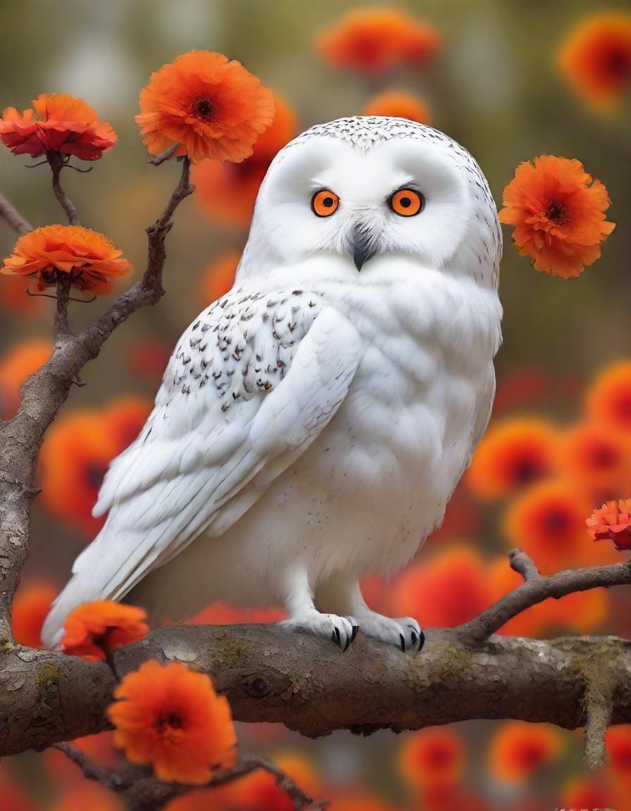 Adorable Snow Owl with Neural Network Flowers