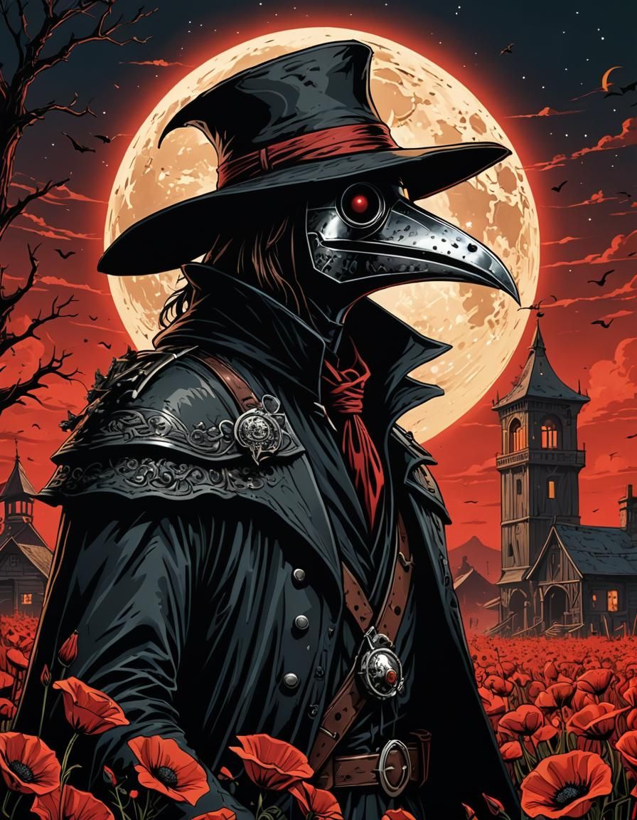 Plague Doctor with Full Moon in Vector Style