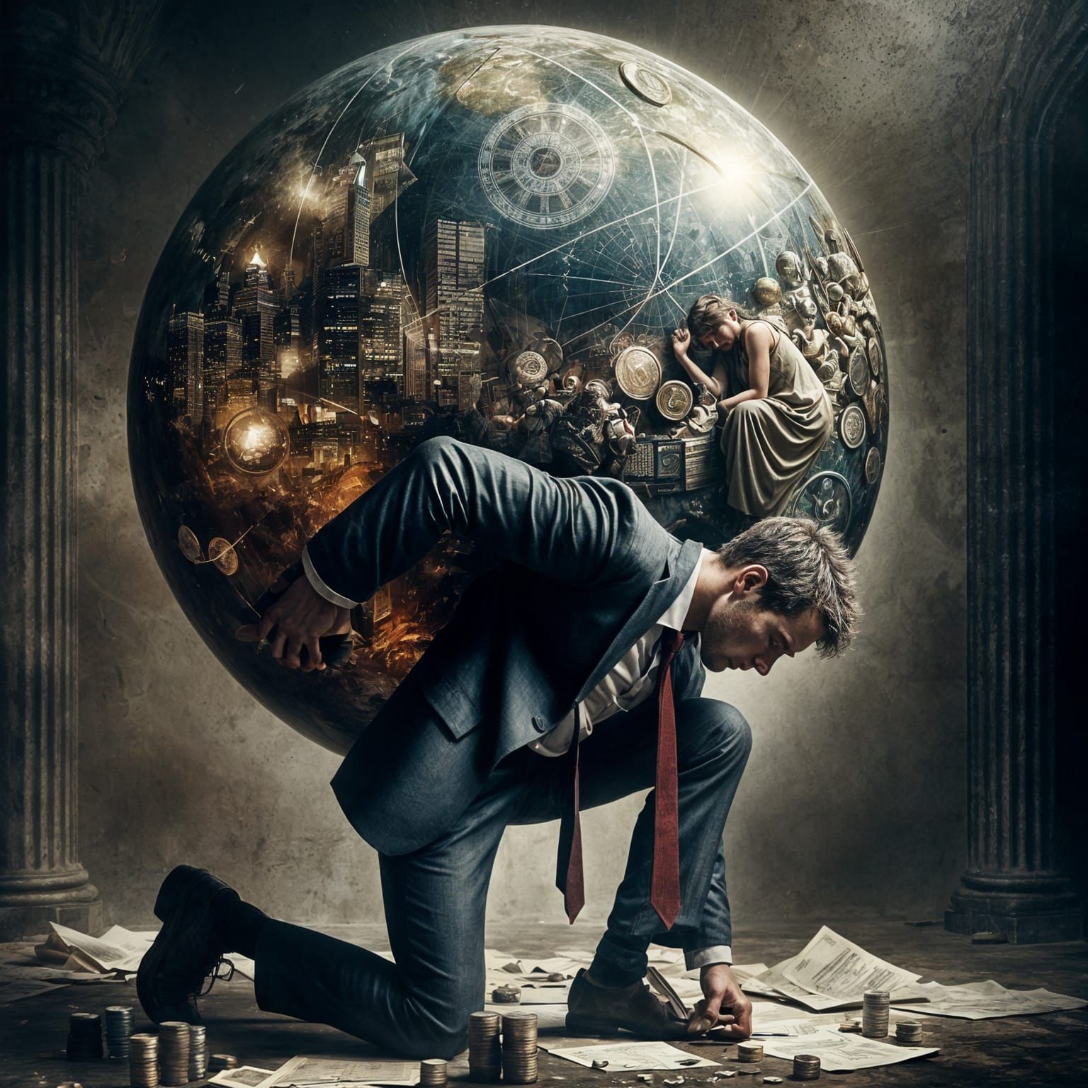 A Burdened Man Under the Weight of His World