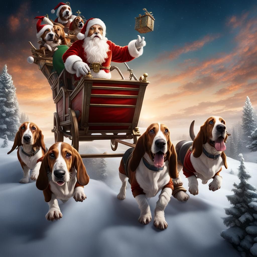Basset Hounds Pulling Santa's Cart in the Sky