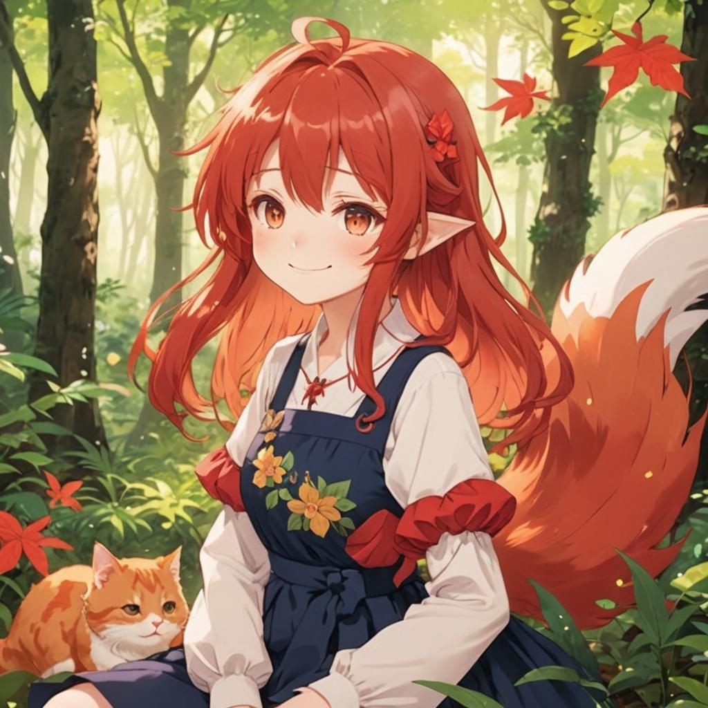 Red Neko Girl in Forest, Studio Trigger Anime Style